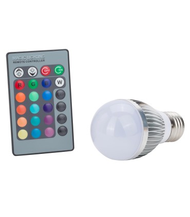 Bombilla de LEDs RGB 3W E27 Esferica con Mando a Distancia