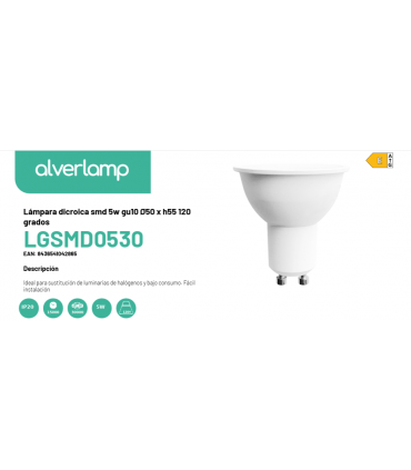 Lámpara dicroica smd 5w gu10 Ø50 x h55 120 grados