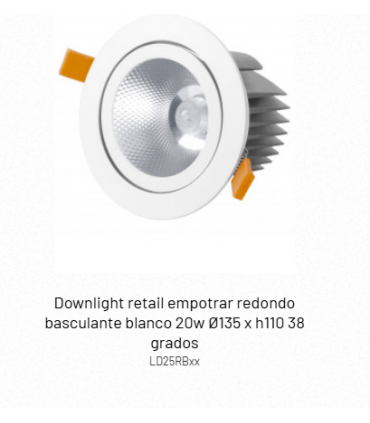 Downlight retail empotrar redondo basculante blanco 20w Ø135 x h110 38 grados