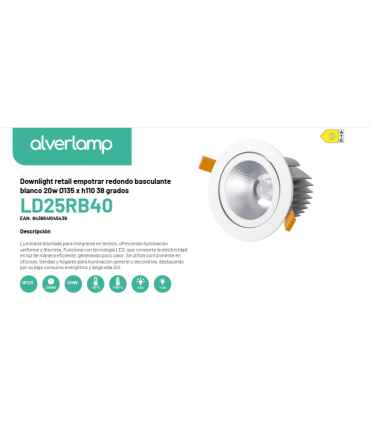 Downlight retail empotrar redondo basculante blanco 20w Ø135 x h110 38 grados
