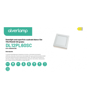 Downlight smd superficie cuadrado blanco 12w 170x170xh32 120 grados