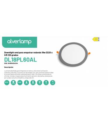 Downlight smd para empotrar redondo 18w Ø220 x h15 120 grados