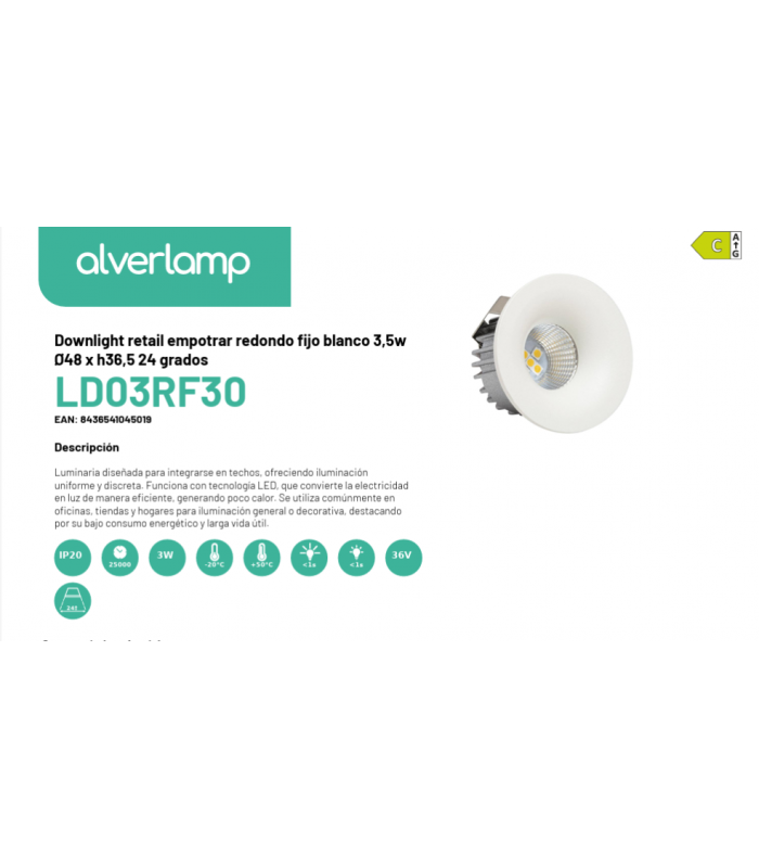 Downlight retail empotrar redondo fijo blanco 3,5w Ø48 x h36,5 24 grados