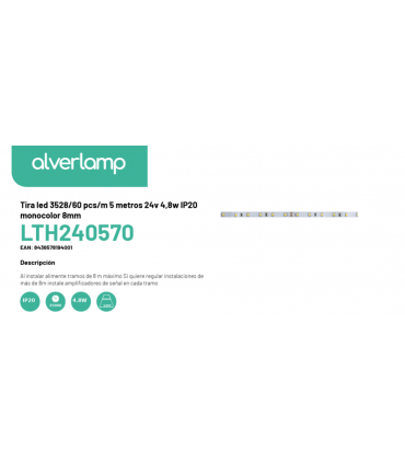 Tira led 3528/60 pcs/m 5 metros 24v 4,8w IP20 BLUE 8mm